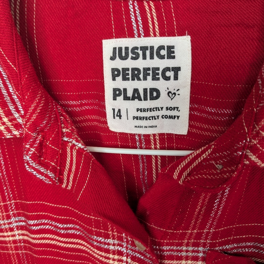 Justice Perfect Plaid Top Girl's Sz 14 Flannel Red Metallic Christmas Shirt Y-2 - Picture 3 of 8